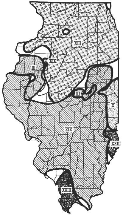 Figure 5 from Stannard (1975) showing his delineation of periodical cicada broods in Illinois.